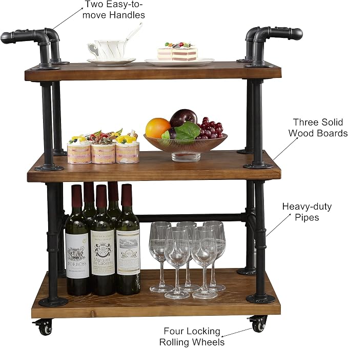 Industrial Pipe Bar Carts/Serving Carts/Kitchen Carts/Wine Rack Carts on Wheels - Image 6