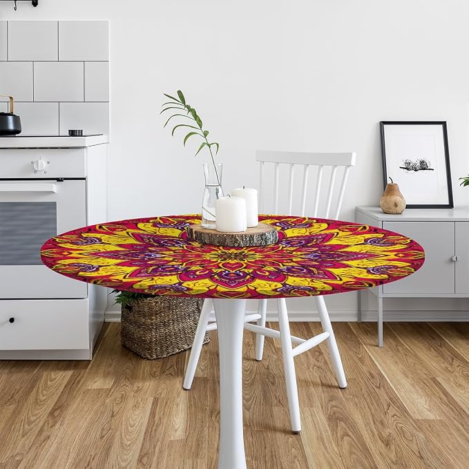 Floral Mandala Vintage Round Table Cloth Cover, Elastic Edge Waterproof - Image 6