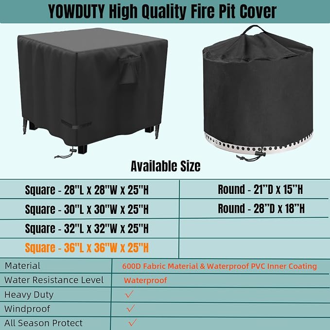 Propane Fire Pit Cover Square 36x36x25 Inch, Waterproof Heavy Duty 600D Patio - Image 6