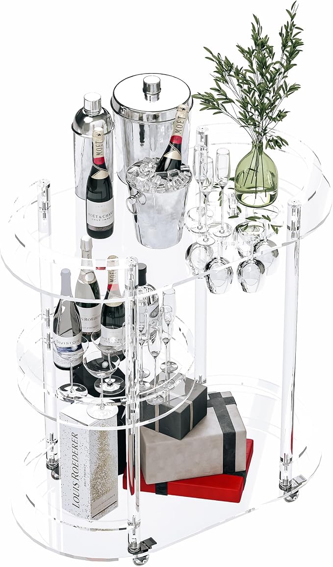 Dethan Acrylic Bar Cart with 4 Lockable Wheels, Oval Modern Home Beverage by ProfessionalAcrylicFactory