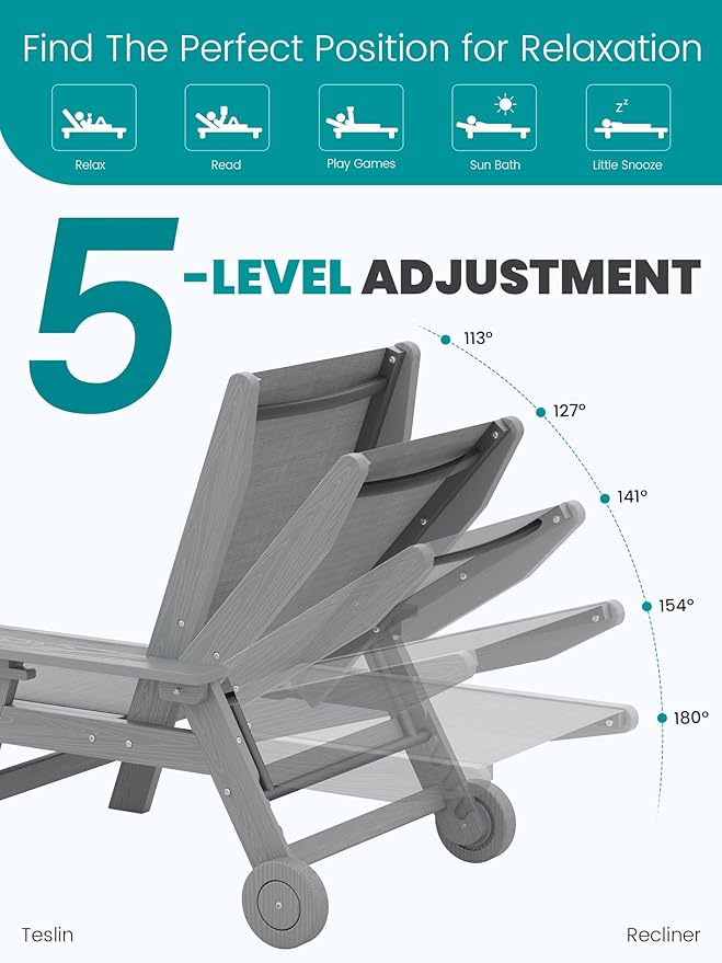 SERWALL Patio Chaise Lounge Chair, 5 Positions Outdoor Lounger - Image 4