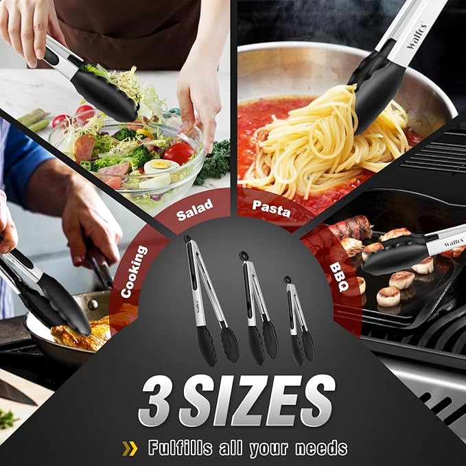 Tongs Set, 3-Piece Black Silicone Tip with 7, 9 and 12 Inch Lengths