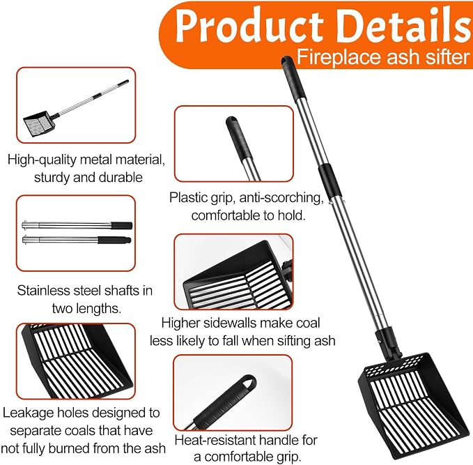 Long Handle Fireplace Ash Sifter, Hollow Out Metal Coal Shovel Adjustable - Image 3