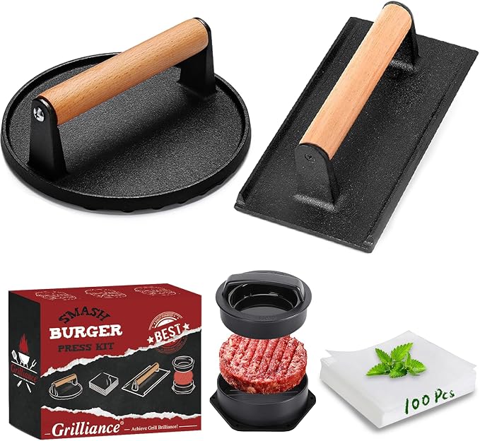 5pcs Smash Burger Press Kit, 3 in 1 Hamburger Press Patty Maker, Cast Iron by GrillianceBBQSET