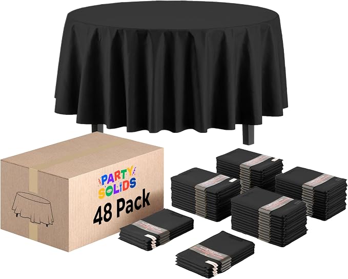 Exquisite Black Round Tablecloths Plastic Table Cloth Disposable 48 Pack 84" by Exquisite