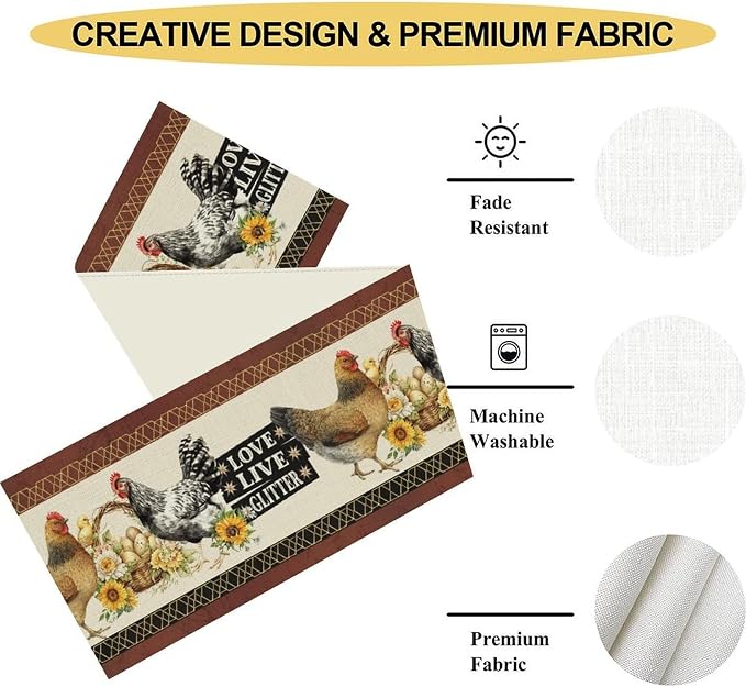 Farmhouse Rooster Table Runner, Rustic Vintage Chicken Egg Sunflower Floral Cow - Image 4