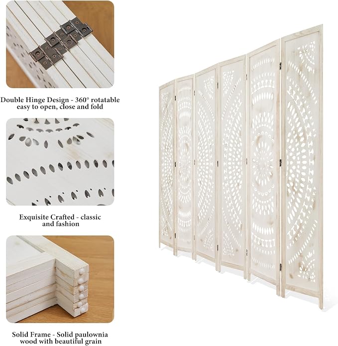 Room Divider Wood Carved Wall Divider Indoor Folding Bohemian Style Portable - Image 3
