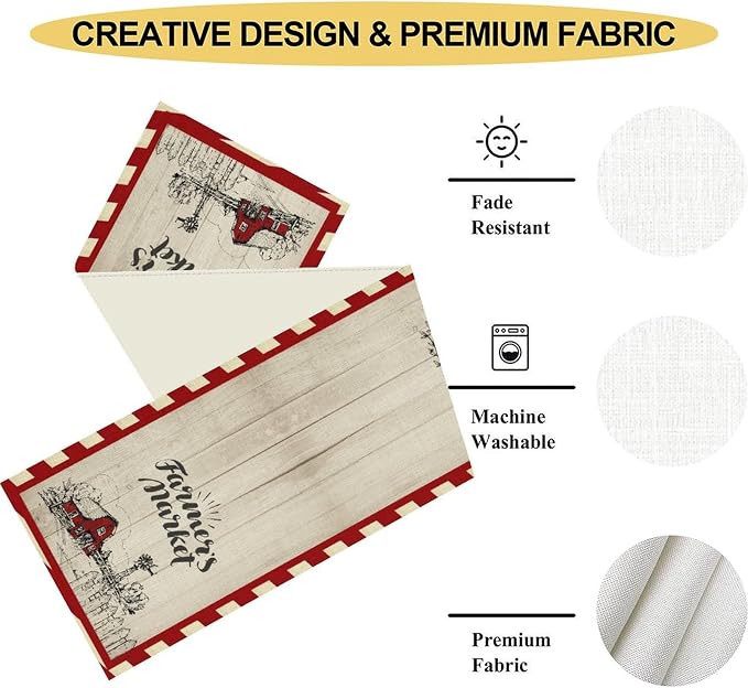 Farmhouse Table Runner, Rustic Country Barn Cottage Rooster Check Animal Plank - Image 5
