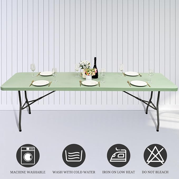 10 Pack Fitted Tablecloth for 8 Foot Rectangle Tables, Sage Green Elastic - Image 5