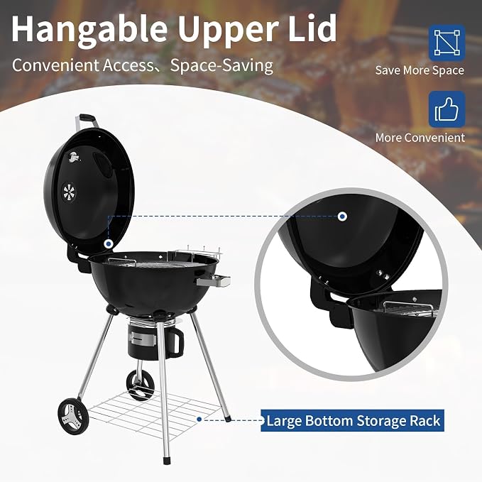 22.5-Inch Portable Charcoal Grill, Heavy Duty Kettle BBQ Smoker - Image 7