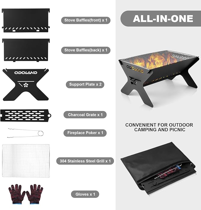 Odoland Camping Campfire Grill, Portable Folding Charcoal Grills, Backpacking - Image 2