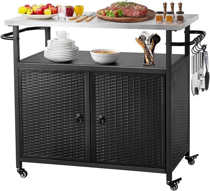 Outdoor Grill Cart with Storage, Outdoor Bar Cart with Wheels, Kitchen Island by ONBRILL
