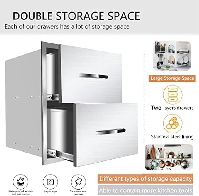 BBQ Outdoor Kitchen Drawers Stainless Steel 3-Drawer Enclosed Built-in Flush - Image 3