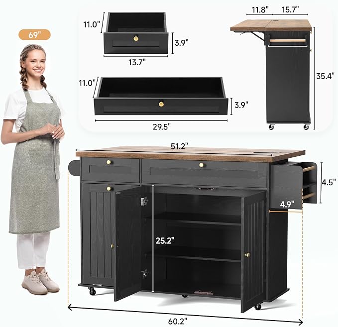 60" Kitchen Island with Power Outlet & Drop Leaf, Kitchen Rolling Island with - Image 2