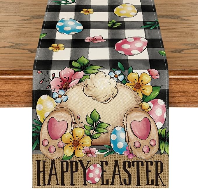 Artoid Mode Buffalo Plaid Bunny Egg Flowers Happy Easter Table Runner, Seasonal by ArtoidMode