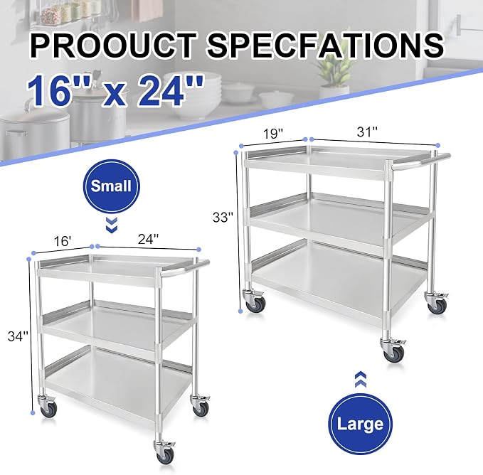 3 Tier Stainless Steel Utility Cart | Heavy Duty Metal Rolling Cart - Image 4