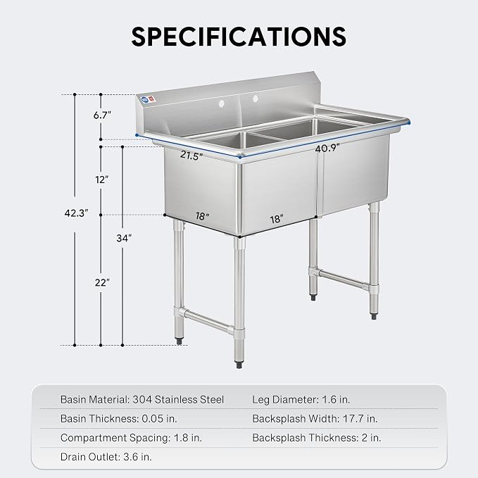 WILPREP 2-Compartment Sink, Freestanding Double Bowl Utility Sink, Work Station - Image 8