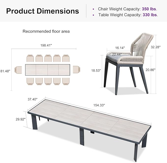 PURPLE LEAF 13 Pieces Patio Dining Set Aluminum Rectangular Table and Wicker - Image 9