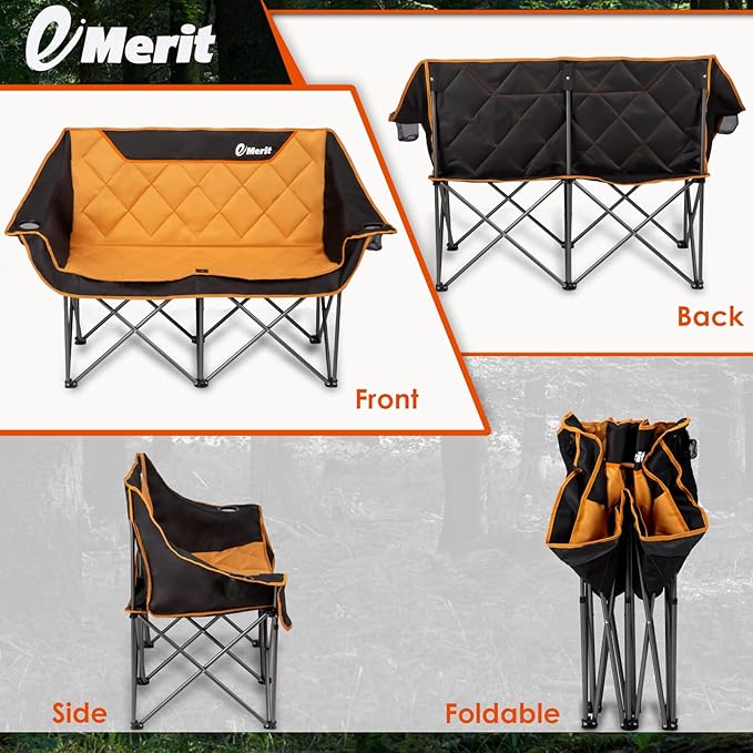 Folding Loveseat Camp Chair, Orange, 2-Seat, 650 lb Limit
