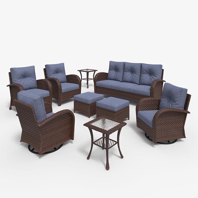 LayinSun 9 Pieces Outdoor Patio Furniture Set, Rattan Wicker Sectional Swivel - Image 2