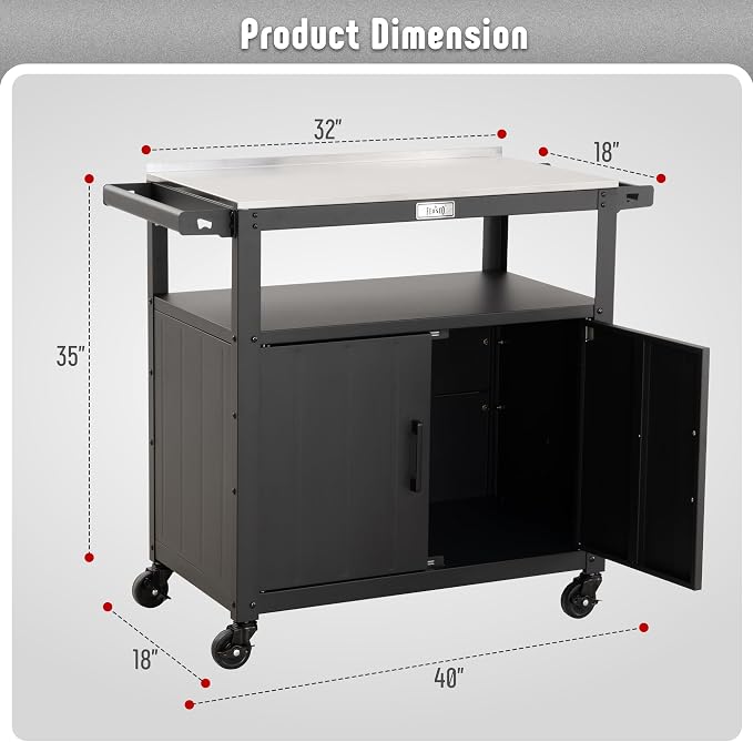 Outdoor Grill Cart with Stainless Steel Tabletop and Storage Cabinet, Movable - Image 3