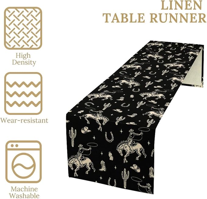 Vintage Western Cowboy Table Runner, Wild West Cowboy Riding Horse Desert - Image 6