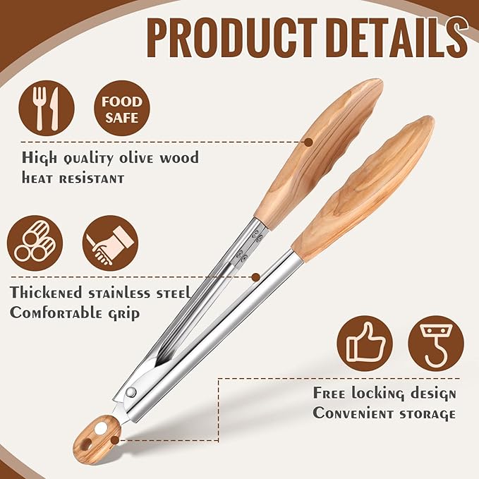 Tongs in Olive Wood and Stainless Steel, 2-Pack, 11.4-Inch Locking