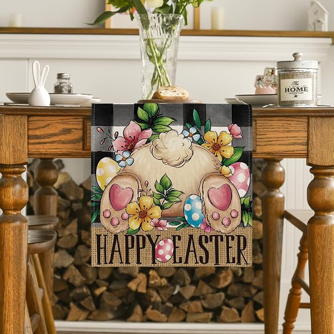 Artoid Mode Buffalo Plaid Bunny Egg Flowers Happy Easter Table Runner, Seasonal - Image 2