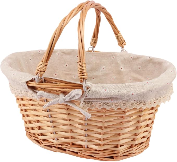 Natural Wicker Basket with Linen Lining, 14 Inch Large Wicker Woven Picnic by Unknown