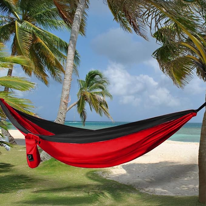 Double Camping Hammock, Extra Large Parachute Nylon in Red and Black