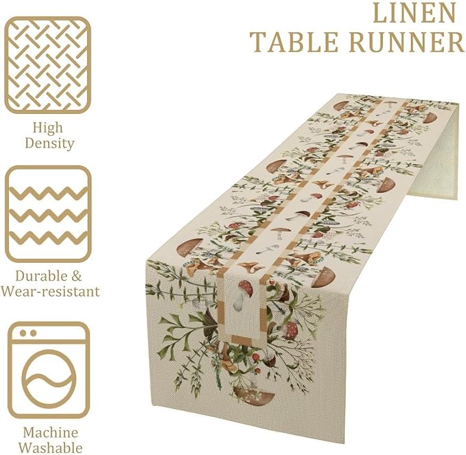 Wild Mushroom Table Runner, Retro Floral Plants Botanical Print Table Cover - Image 4