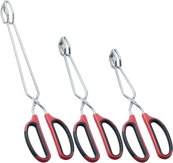 Scissor Tongs 3-Piece Set in 10, 12 and 16 Inch Red Stainless Steel