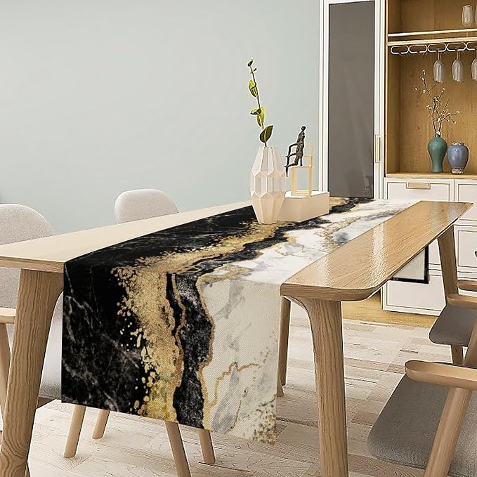 Marble Table Runner, Ink Golden Marble Texture Table Runner - Image 3