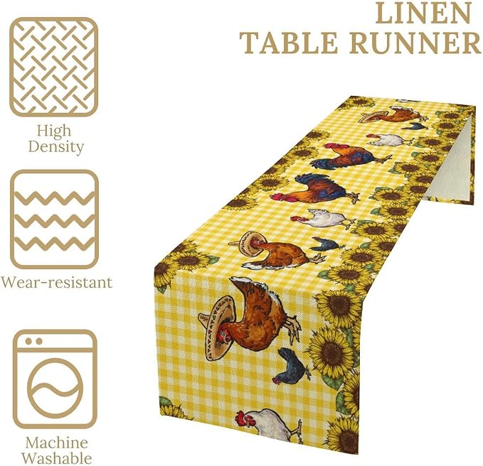 Farm Rooster Table Runner, Retro Western Farmhouse Chicken Sunflower Retro - Image 4