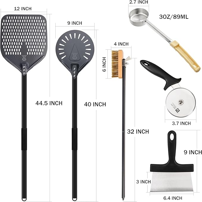 Pizza Peel Set 6 Piece with Aluminum Peels and Brass Bristle Oven Brush