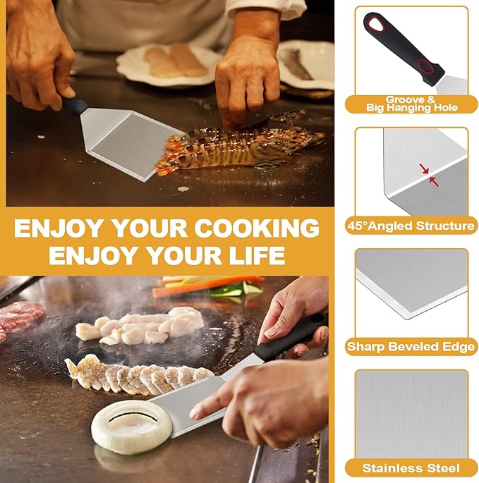Barbecue Tool Set, 5 Piece Stainless Steel Griddle Tools with Black Handles