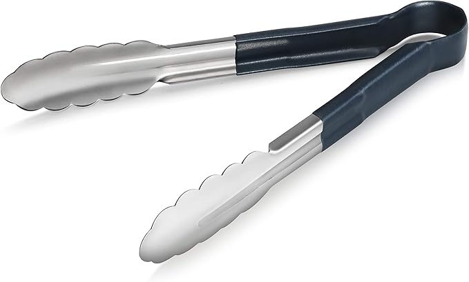 Tongs, 9-Inch Stainless Steel Serving Tongs with Blue Vinyl Handles