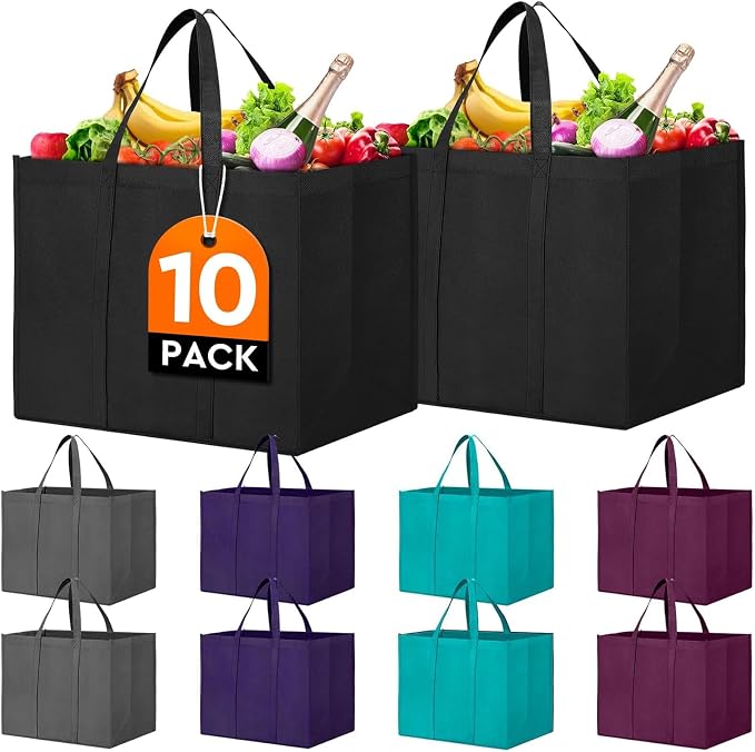 WISELIFE Reusable Grocery Shopping Bags 10 Pack Large Foldable Tote Bags Bulk by WiseLife