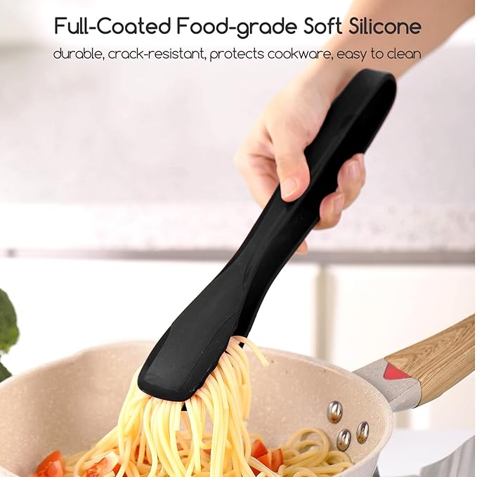 Tongs, 11 Inch Black Silicone Tip Stainless Steel Kitchen Tongs, 2-Pack