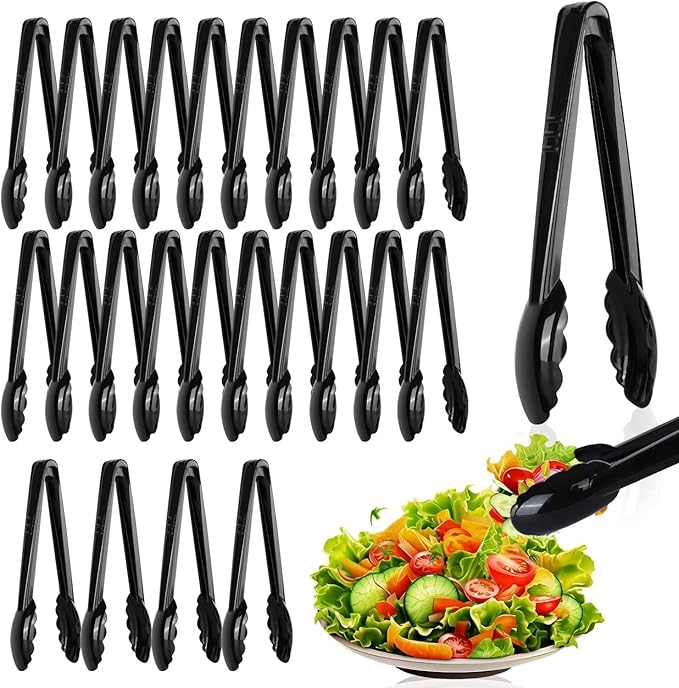 Serving Tongs, 24-Pack Black Plastic for Buffets and Events