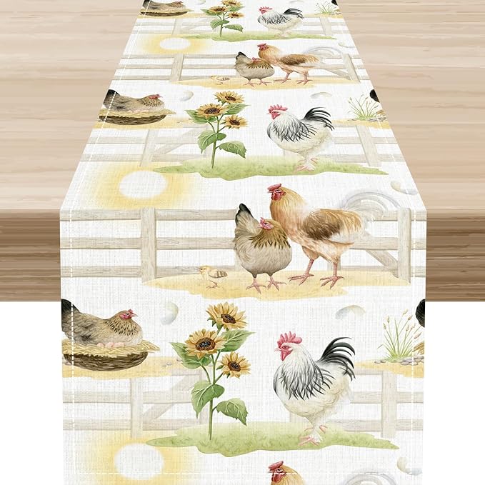 Farmhouse Rooster Table Runner, Sunflower Rooster Retro Farmhouse Sun Country by Unknown