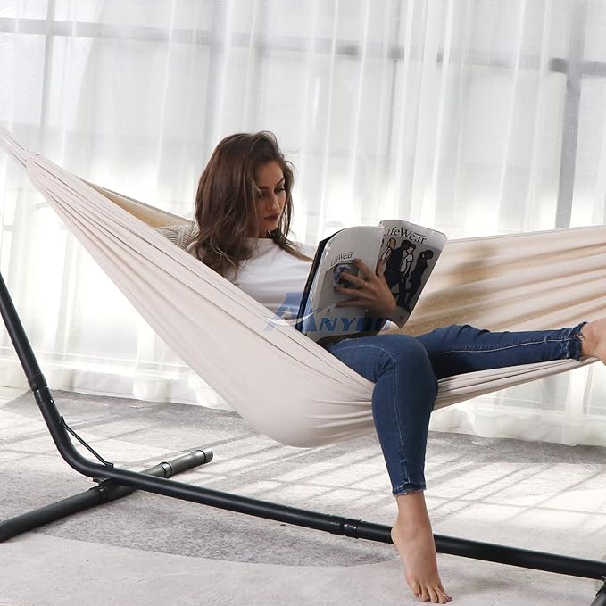 Hammock in White Cotton, Portable Camping Hammock with Anti-Rollover Design