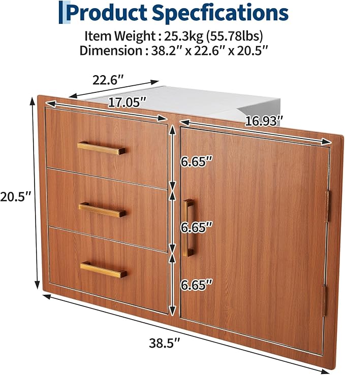 Stainless Steel Outdoor Kitchen Door Drawer Combo 38.2" W x 20.5" H x 22.6" D - Image 3
