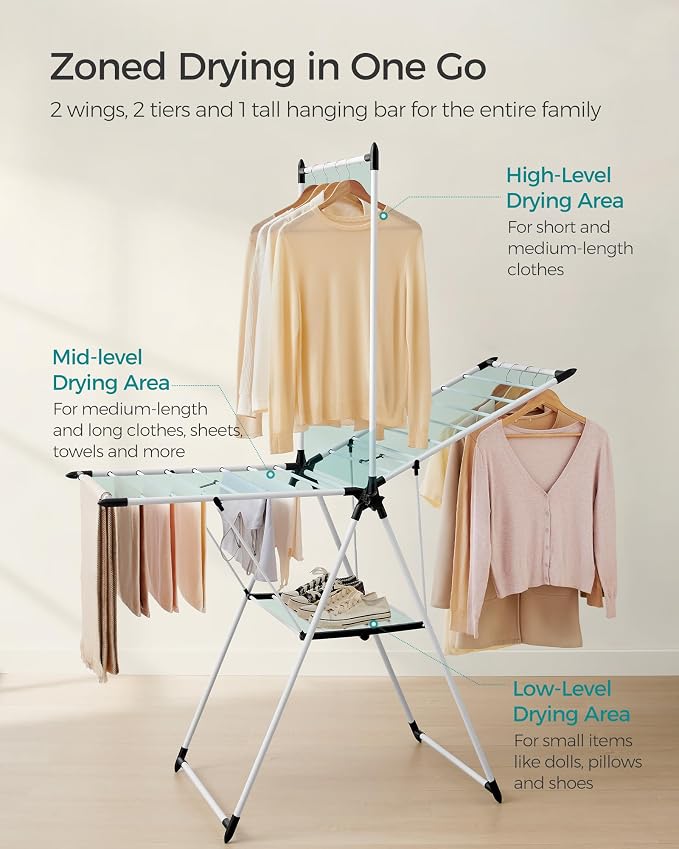 SONGMICS Clothes Drying Rack, Foldable 2-Level Laundry Drying Rack, - Image 3