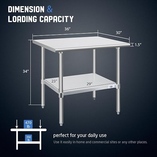 Profeeshaw Stainless Steel Prep Table 36x30 Inch NSF Commercial Work Table - Image 2