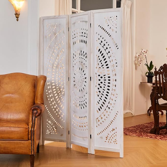 Room Divider Wood Carved Wall Divider Indoor Folding Bohemian Style Portable - Image 3