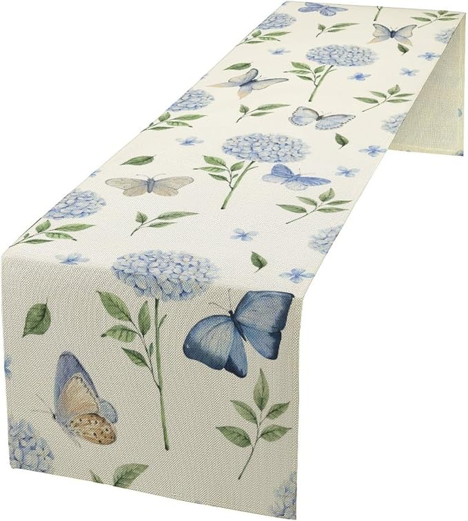 Hydrangea Butterfly Table Runner, Seasonal Spring Summer Table Runner by Unknown