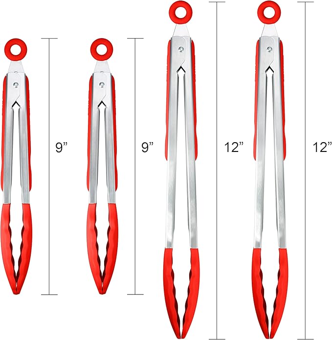 Tongs 4-Pack in Red with Locking Clip, Heat Resistant to 500°F