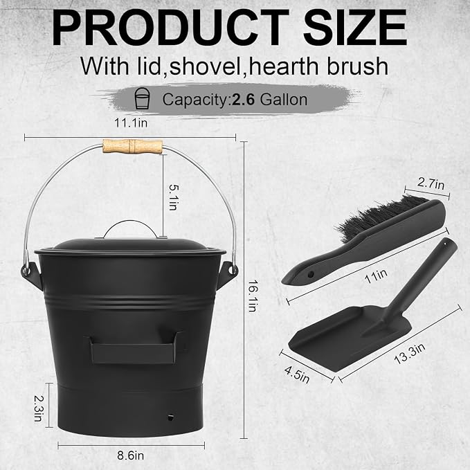 Ash Bucket with Lid, Shovel and Hand Broom, 2.6 Gallon Fireplace Metal Bucket - Image 2