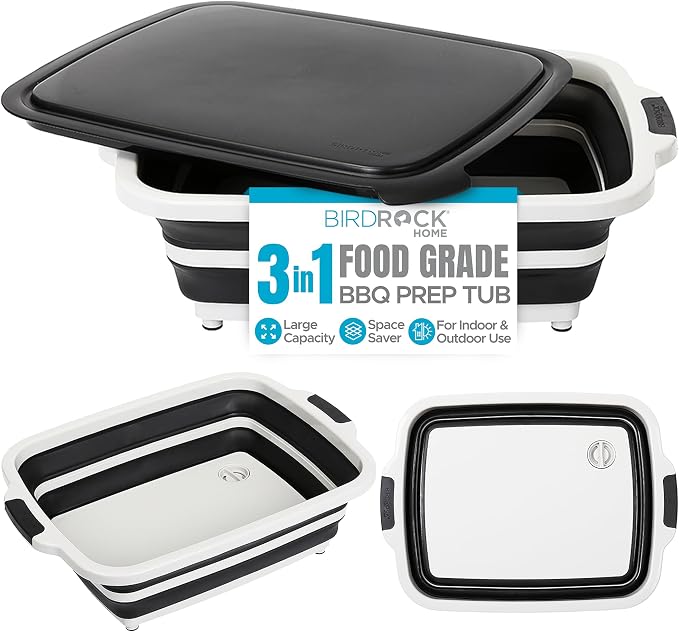 BIRDROCK HOME Collapsible Large BBQ Prep Tub w/Cutting Board, Portable Silicone by BIRDROCKHOME